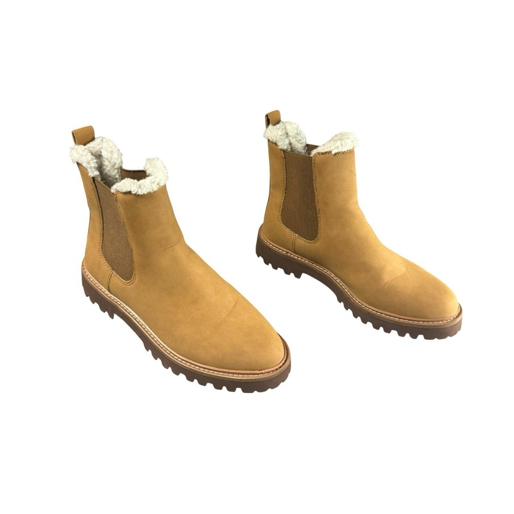 J.CREW Size 7.5 Chelsea Boots CA782 Faux Fur Lined Lug Sole Tan Women's